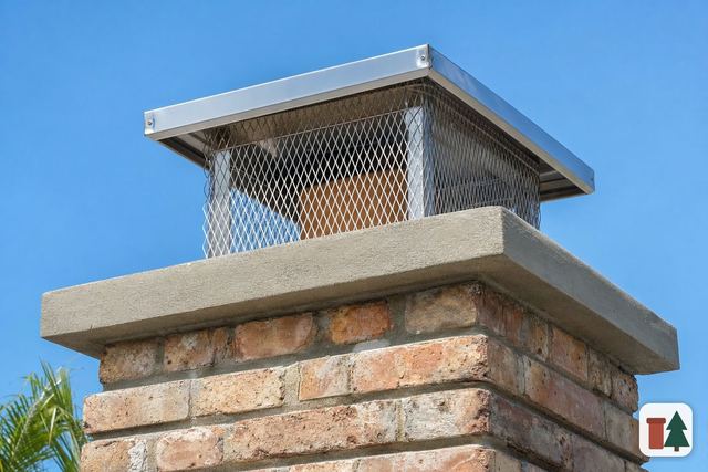 Brick chimney with a concrete crown and a stainless mesh cap
