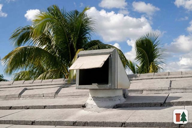 Dryer vent cap with a hinged flap on a flat concrete tile roof