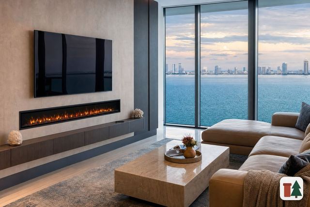 Linear electric fireplace below a TV in a bayfront condo