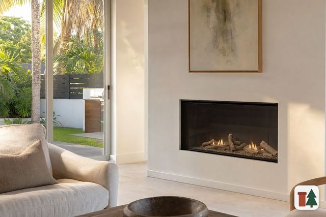 Direct-vent gas fireplace with a glass front in a bright living room